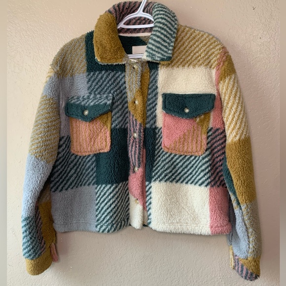 THREAD & SUPPLY Fleece Multi-Color Plaid Button Down Boho Crop Jacket Size XS - Picture 2 of 4